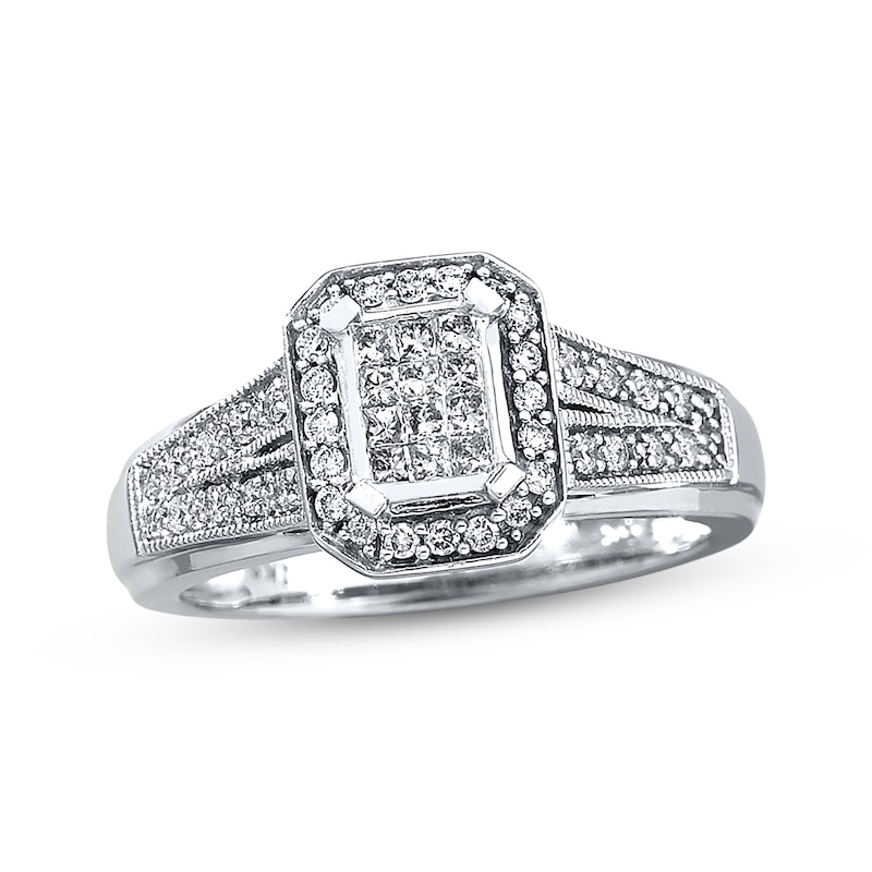 Main Image 1 of Previously Owned Diamond Engagement Ring 1/3 ct tw Princess/Round-cut 10K White Gold Size 4.5