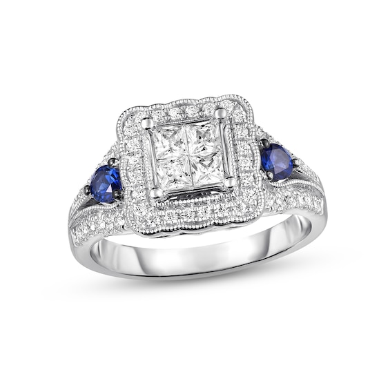 Previously Owned Diamond & Sapphire Engagement Ring 3/4 ct tw Princess & Round-cut 14K White Gold