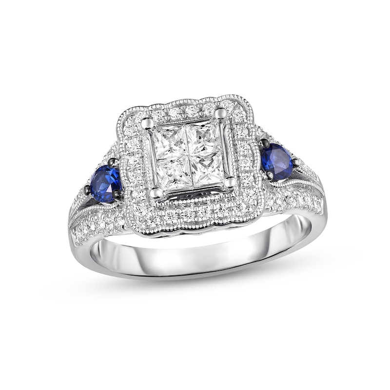 Main Image 1 of Previously Owned Diamond & Sapphire Engagement Ring 3/4 ct tw Princess & Round-cut 14K White Gold