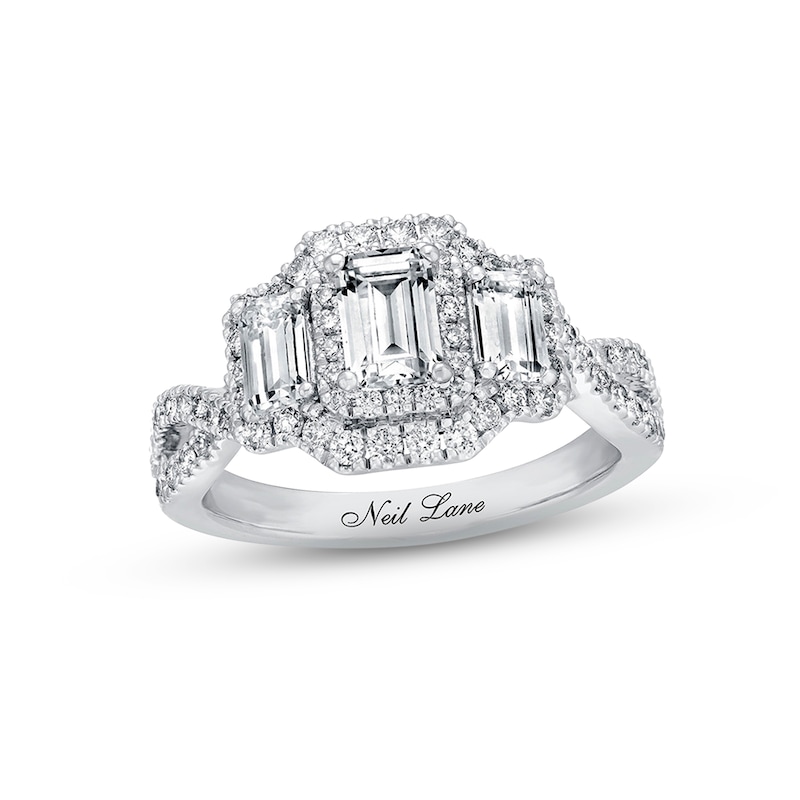 Main Image 1 of Previously Owned Neil Lane Engagement Ring 1-1/2 ct tw Emerald & Round-cut Diamonds 14K White Gold