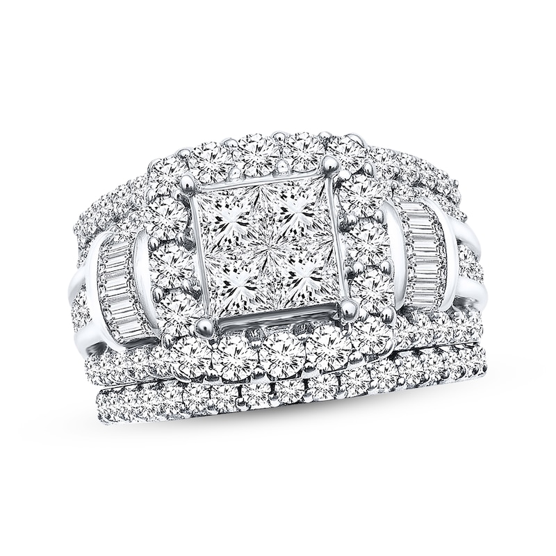 Previously Owned Diamond Bridal Set 3 carats tw Princess, Baguette & Round 14K White Gold