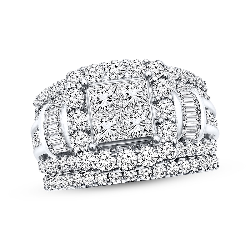 Previously Owned Diamond Bridal Set 3 carats tw Princess, Baguette & Round 14K White Gold - Size 10.25