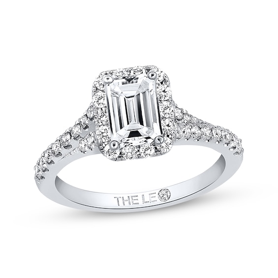 Previously Owned THE LEO Engagement Ring 1 ct tw Emerald & Round-cut Diamonds 14K White Gold Size 4