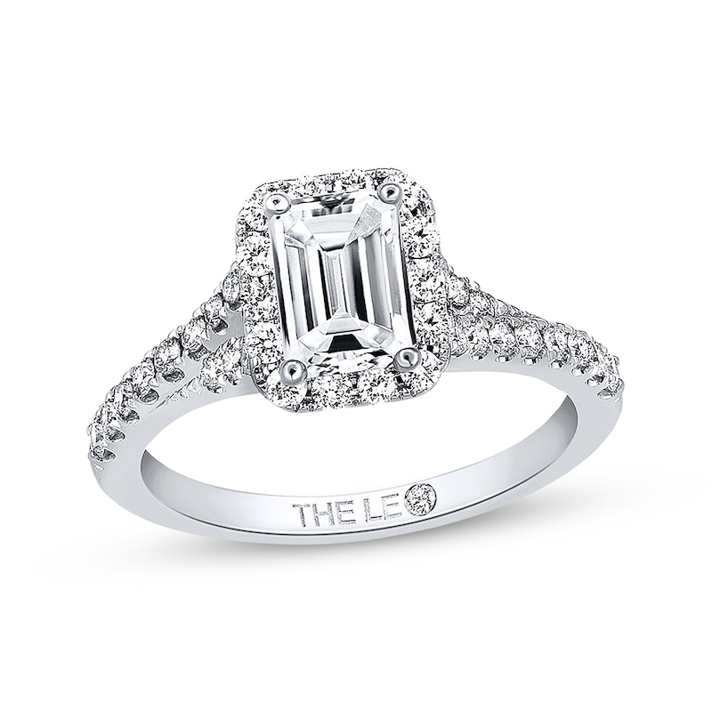 Main Image 1 of Previously Owned THE LEO Engagement Ring 1 ct tw Emerald & Round-cut Diamonds 14K White Gold - Size 4