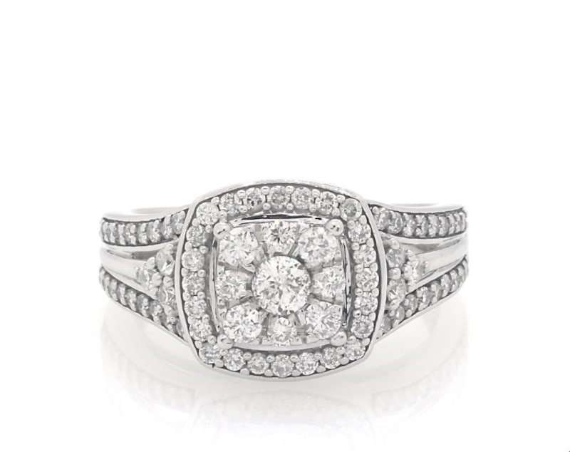 Main Image 1 of Previously Owned Multi-Diamond Center Cushion Halo Engagement Ring 1 ct tw 10K White Gold
