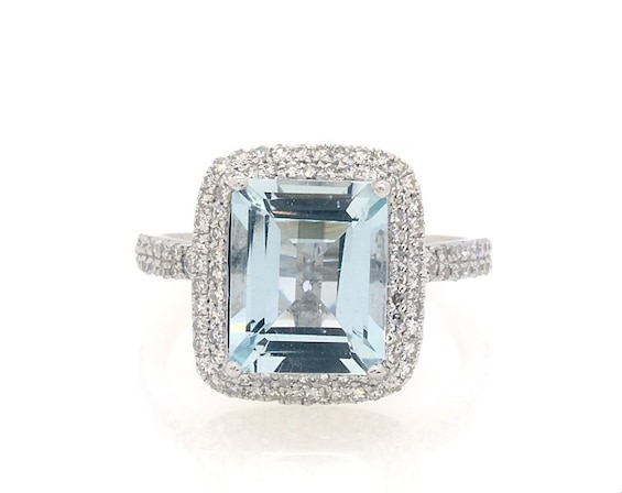 Previously Owned EFFY Collection Emerald-Cut Aquamarine & Diamond Ring 3/8 ct tw 14K White Gold