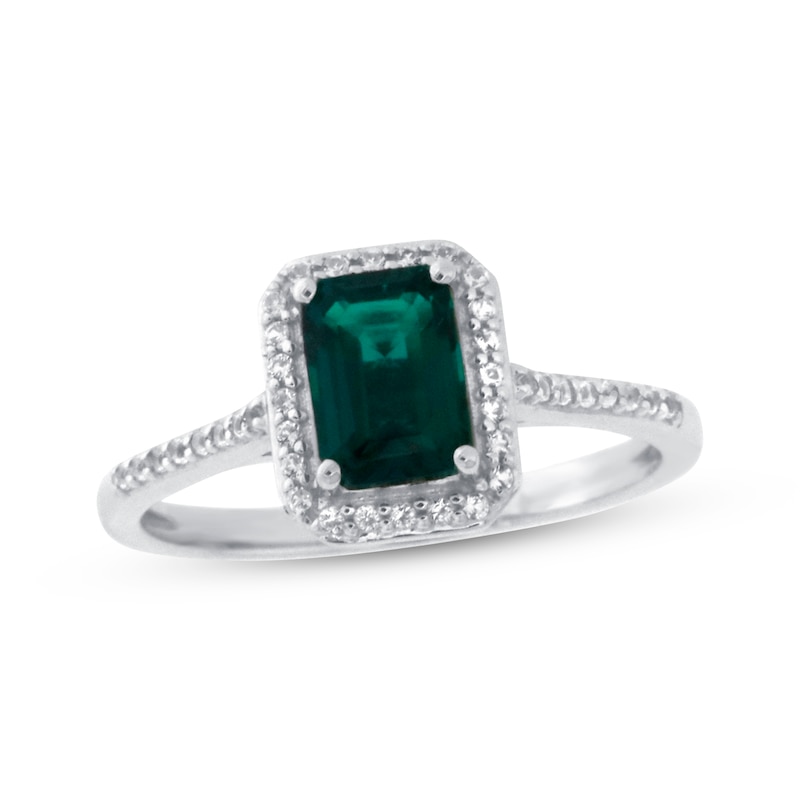 Main Image 1 of Previously Owned Lab-Created Emerald & White Topaz Ring 10K White Gold