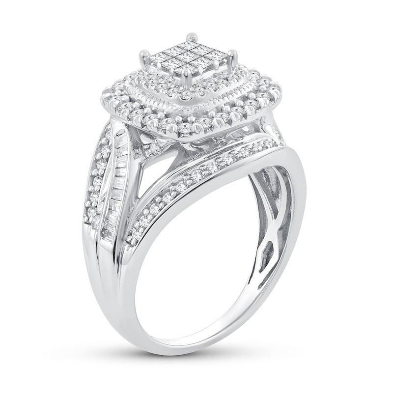 Main Image 2 of Previously Owned Diamond Engagement Ring 1 ct tw Princess/Round/Baguette-cut 10K White Gold
