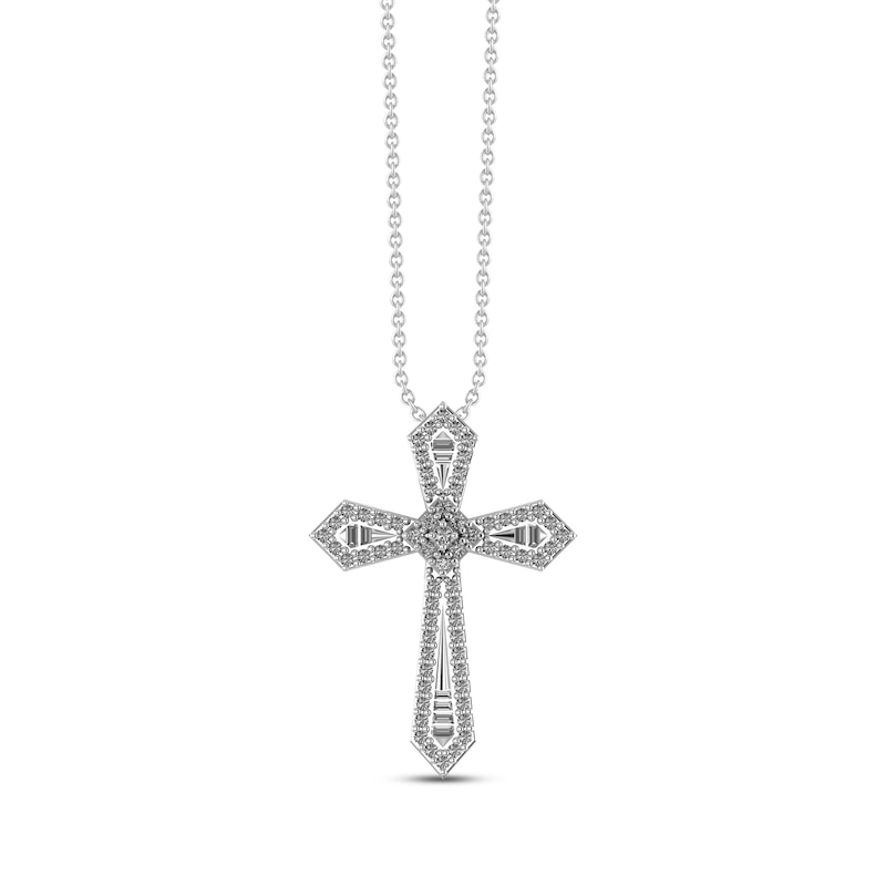 Main Image 1 of Previously Owned Diamond Cross Necklace 1/4 ct tw Round & Baguette 10K White Gold 18"