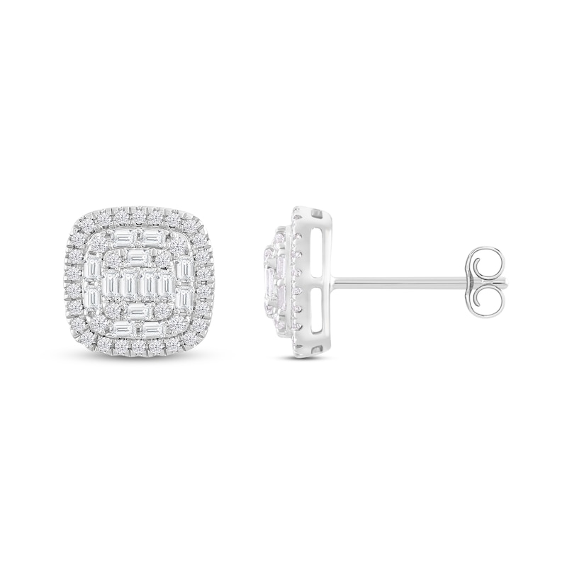 Main Image 1 of Previously Owned Cushion-Shaped Diamond Stud Earrings 1/2 ct tw Baguette/Round-Cut 10K White Gold