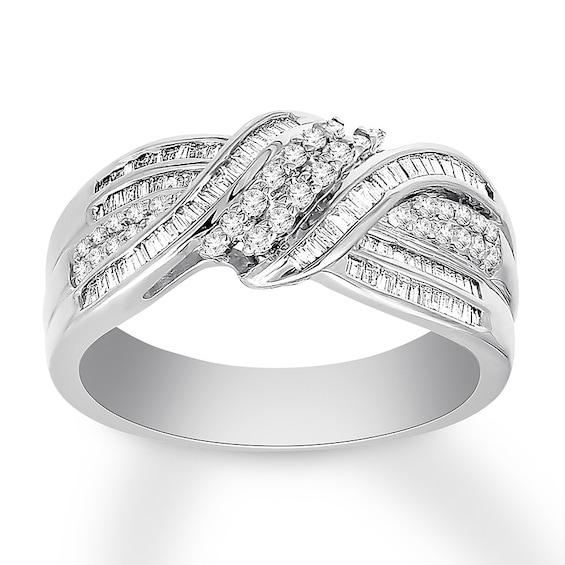 Previously Owned Diamond Ring 1/2 ct tw Round & Baguette 10K White Gold Size 4.5