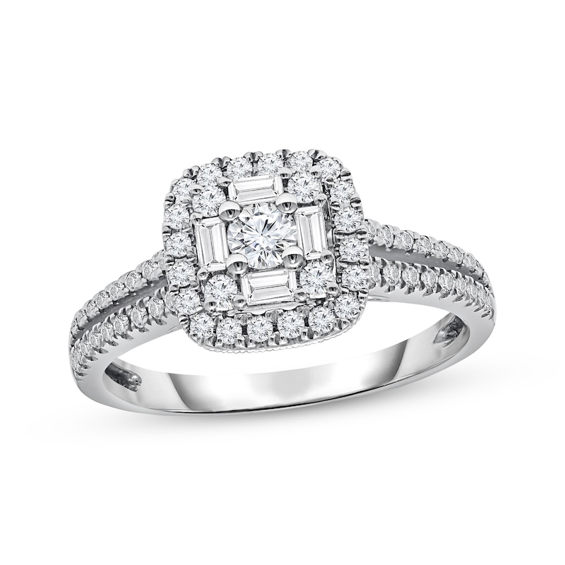 Previously Owned Diamond Engagement Ring 5/8 ct tw Round/Baguette 14K White Gold - Size 9.5