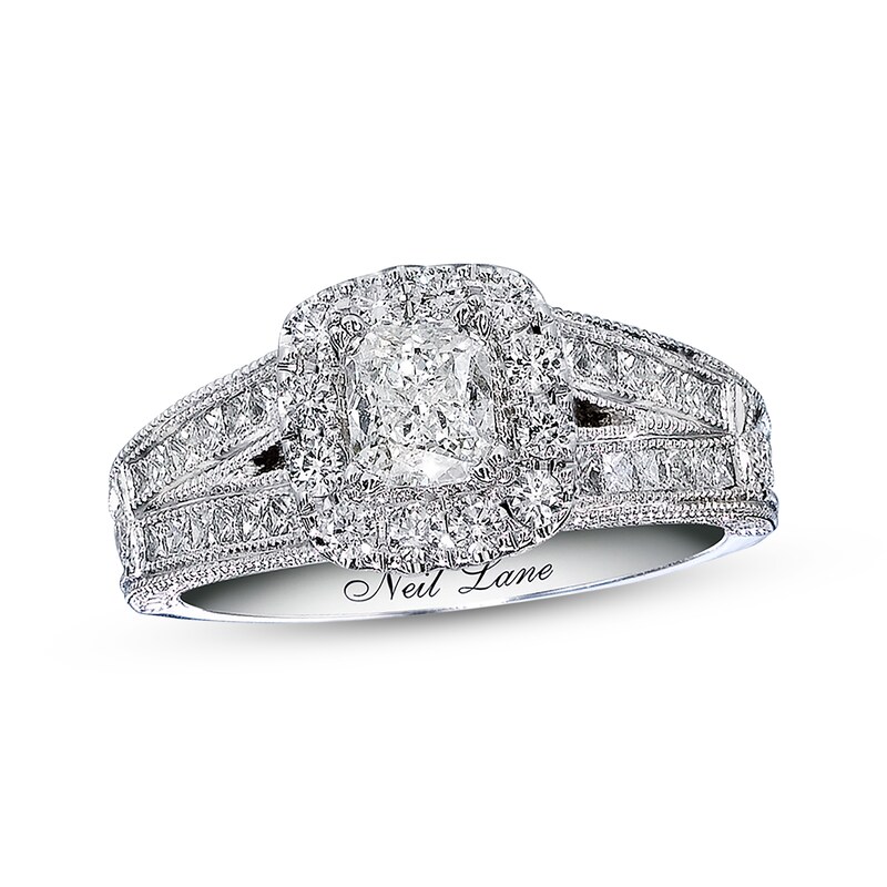 Main Image 1 of Previously Owned Neil Lane Engagement Ring 1-1/5 ct tw Cushion, Princess & Round-cut 14K White Gold Size 4.75