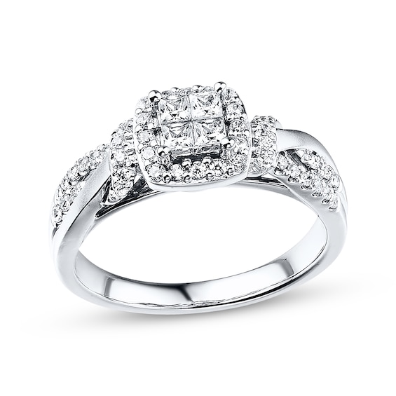 Previously Owned Diamond Engagement Ring 1/2 ct tw Princess & Round 10K White Gold Size 3.5