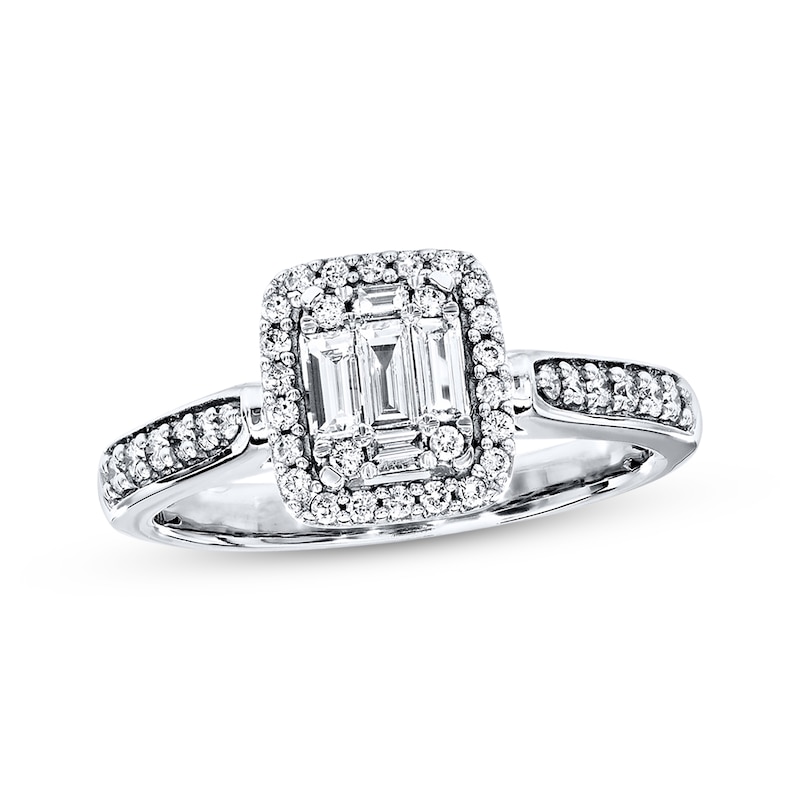 Previously Owned Diamond Engagement Ring 3/8 ct tw Baguette & Round-cut 14K White Gold