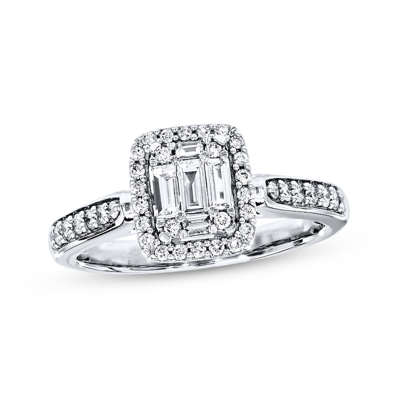 Main Image 1 of Previously Owned Diamond Engagement Ring 3/8 ct tw Baguette & Round-cut 14K White Gold Size 10