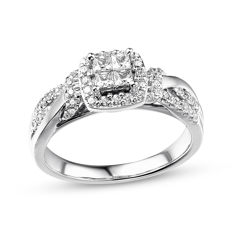Main Image 1 of Previously Owned Diamond Engagement Ring 1/2 ct tw Round & Princess 10K White Gold