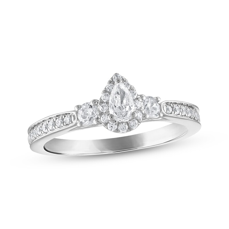 Main Image 1 of Previously Owned 3-Stone Diamond Engagement Ring 1/2 ct tw Pear & Round-cut 14K White Gold