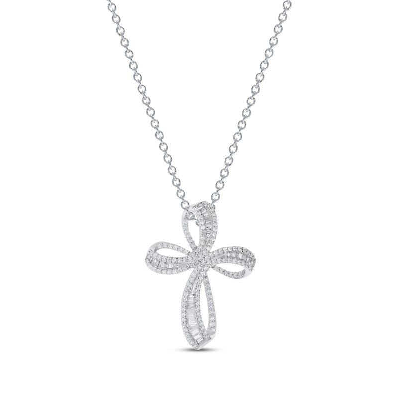 Main Image 1 of Previously Owned Diamond Cross Necklace 1 ct tw Round-cut 10K White Gold 18"
