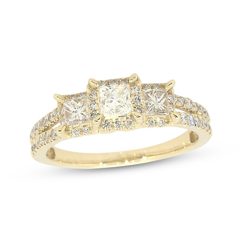 Main Image 1 of Previously Owned Diamond Three-Stone Engagement Ring 1 ct tw Princess & Round-cut 14K Yellow Gold - Size 8