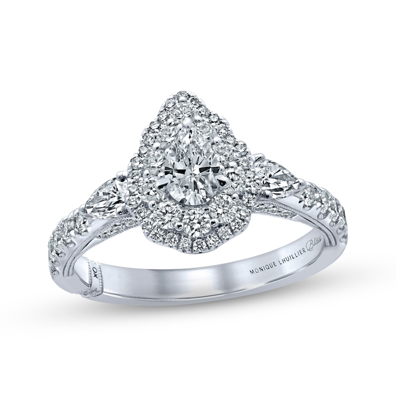 Main Image 1 of Previously Owned Monique Lhuillier Bliss Diamond Engagement Ring 1-1/4 ct tw Pear & Round-cut 18K White Gold