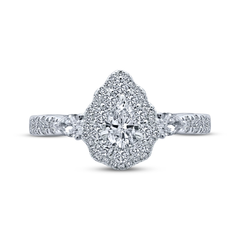 Main Image 4 of Previously Owned Monique Lhuillier Bliss Diamond Engagement Ring 1-1/4 ct tw Pear & Round-cut 18K White Gold