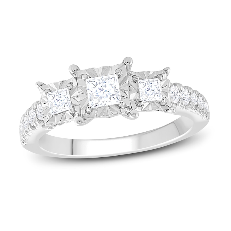 Main Image 1 of Previously Owned Three-Stone Diamond Engagement Ring 1 ct tw Princess & Round 10K White Gold