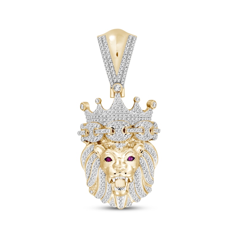 Main Image 1 of Previously Owned Men's Diamond and Lab-Created Ruby Lion Head Pendant 3/4 ct tw 10K Yellow Gold
