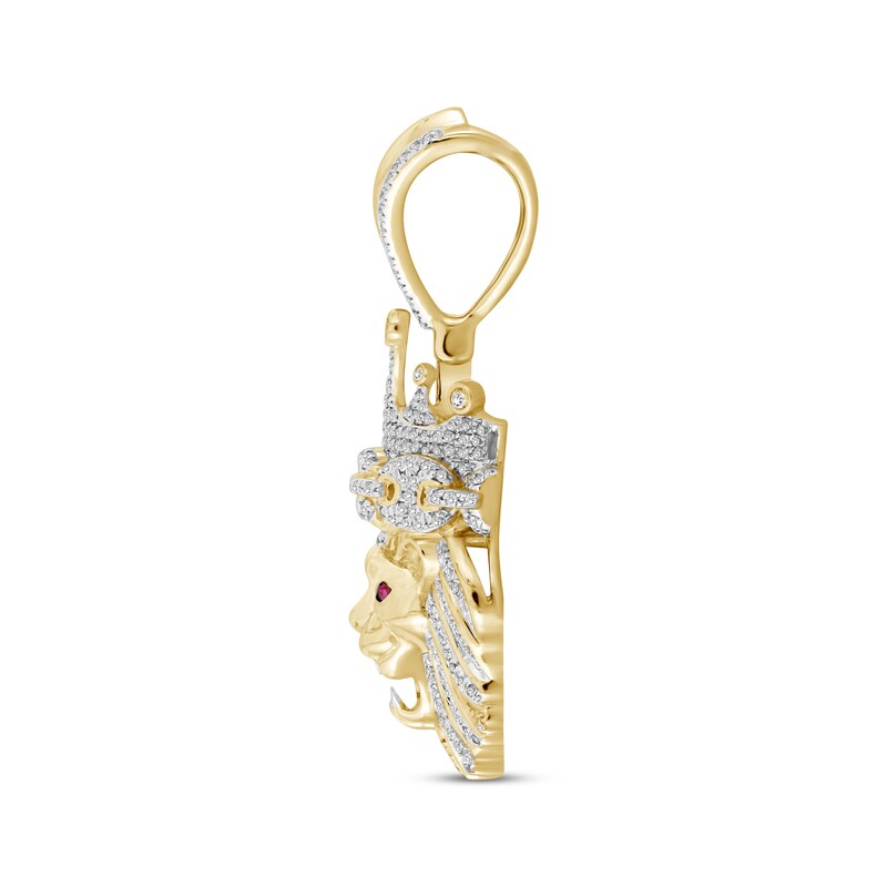 Main Image 2 of Previously Owned Men's Diamond and Lab-Created Ruby Lion Head Pendant 3/4 ct tw 10K Yellow Gold