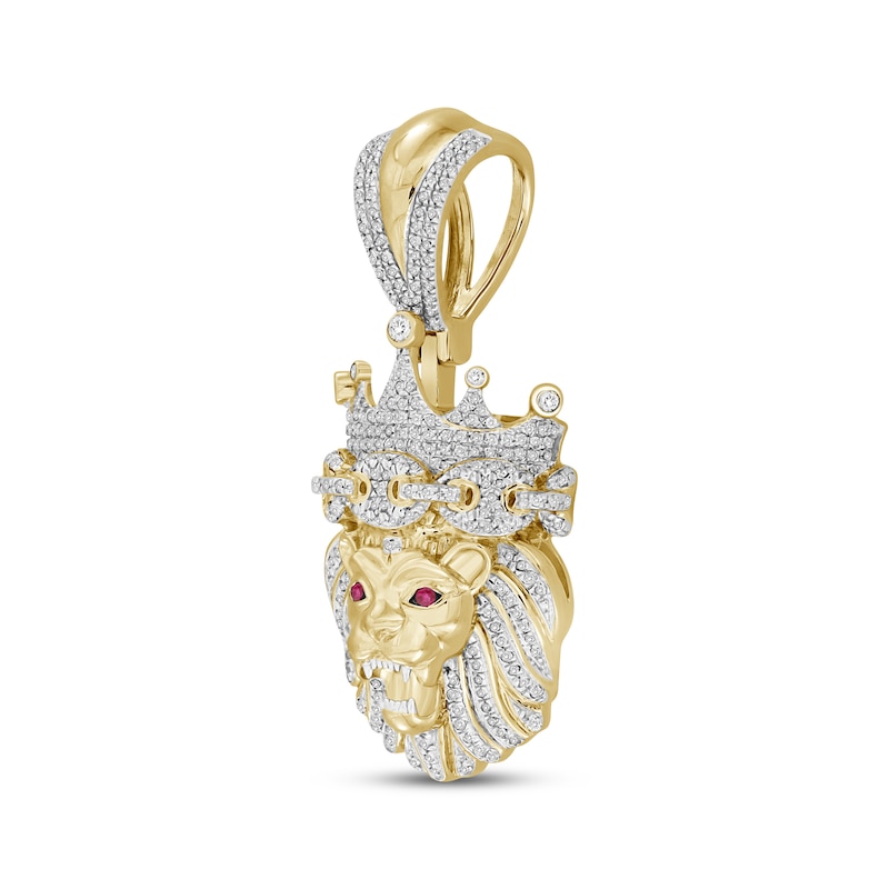 Main Image 3 of Previously Owned Men's Diamond and Lab-Created Ruby Lion Head Pendant 3/4 ct tw 10K Yellow Gold