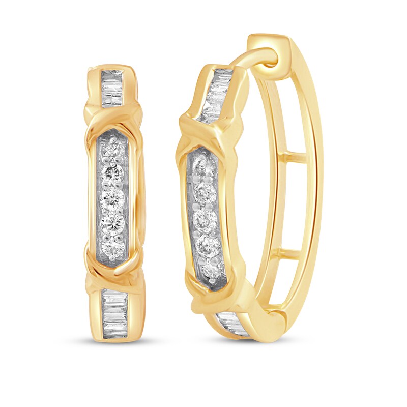 Main Image 1 of Previously Owned Diamond Hoop Earrings 1/4 ct tw Round & Baguette 10K Yellow Gold