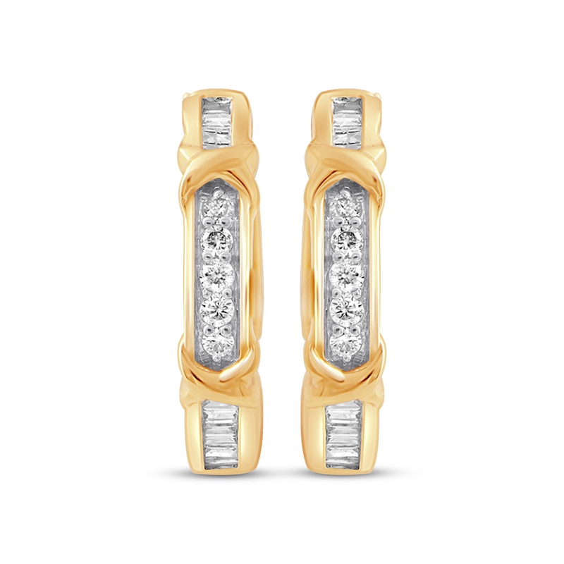 Main Image 2 of Previously Owned Diamond Hoop Earrings 1/4 ct tw Round & Baguette 10K Yellow Gold