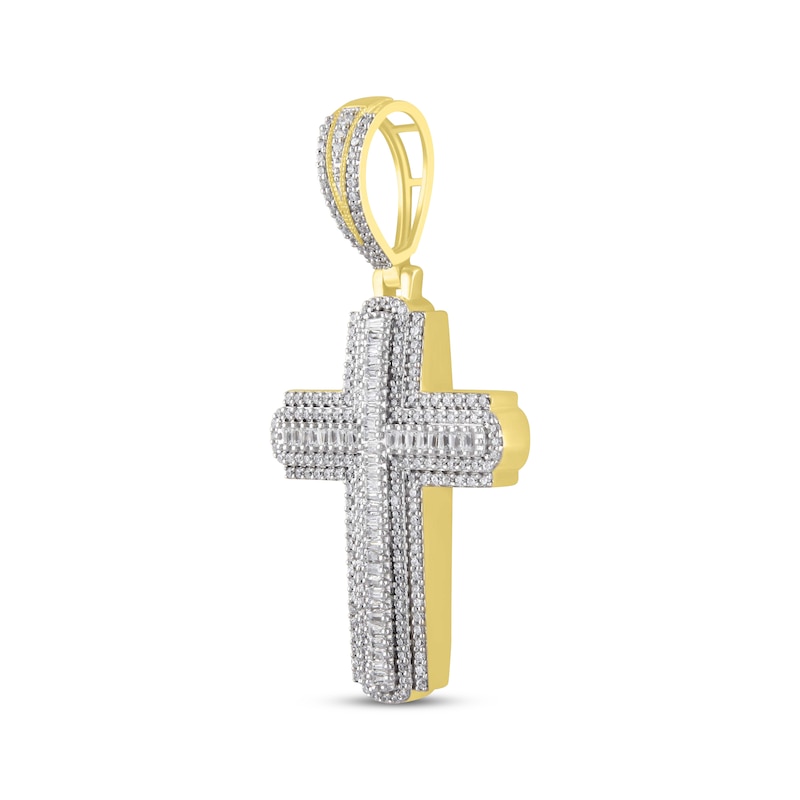 Main Image 2 of Previously Owned Men's Diamond Cross Pendant 1 ct tw Round/Baguette 10K Yellow Gold