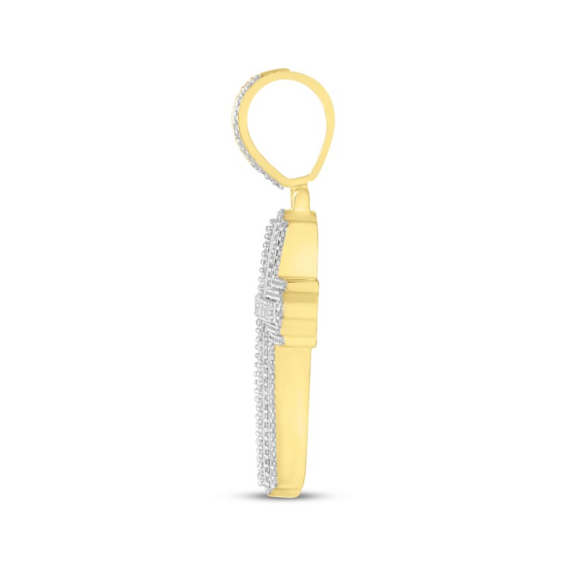 Main Image 3 of Previously Owned Men's Diamond Cross Pendant 1 ct tw Round/Baguette 10K Yellow Gold