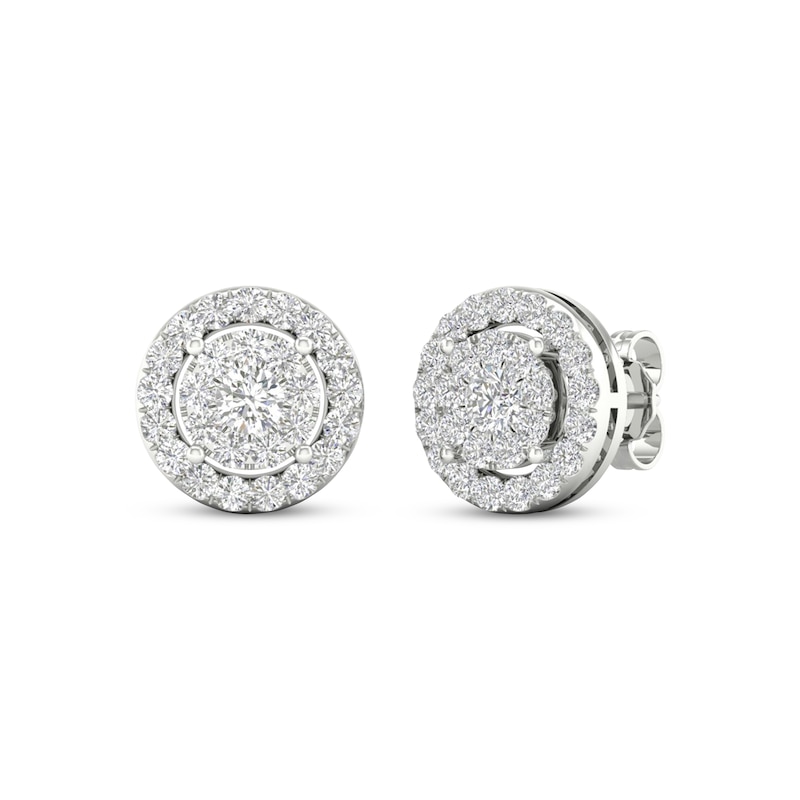 Main Image 1 of Previously Owned Diamond Halo Stud Earrings 1 ct tw Round-Cut 10K White Gold