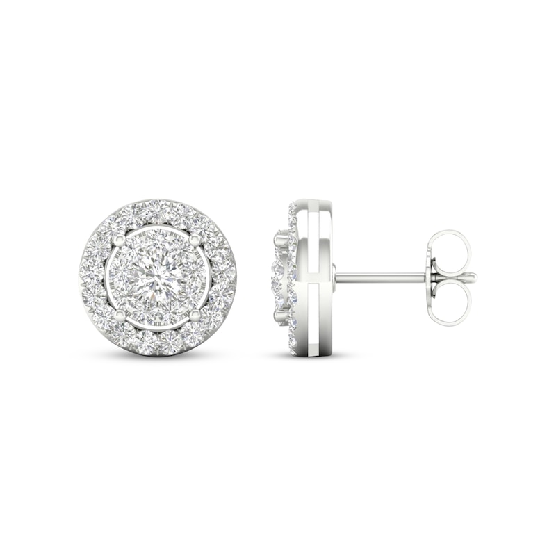 Main Image 3 of Previously Owned Diamond Halo Stud Earrings 1 ct tw Round-Cut 10K White Gold