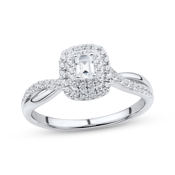 Previously Owned Diamond Engagement Ring 1/2 ct tw Emerald & Round-cut 14K White Gold