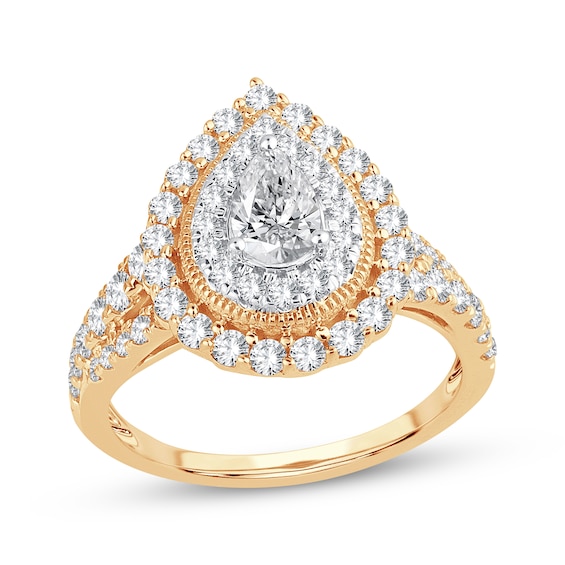 Pear-Shaped Diamond Double Halo Engagement Ring 1-1/2 ct tw 14K Yellow Gold