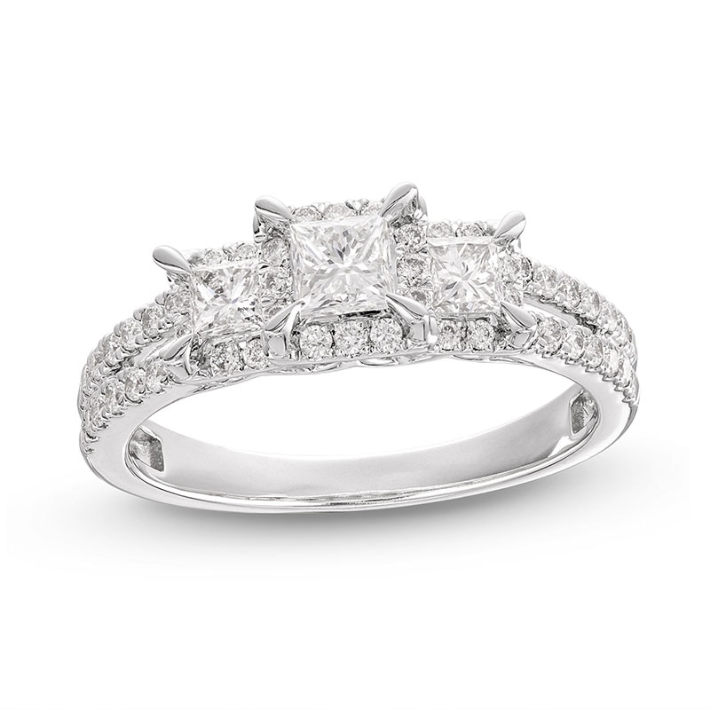 Main Image 1 of Previously Owned Memories Moments Magic Three-Stone Diamond Engagement Ring 1 ct tw Princess/Round 14K White Gold