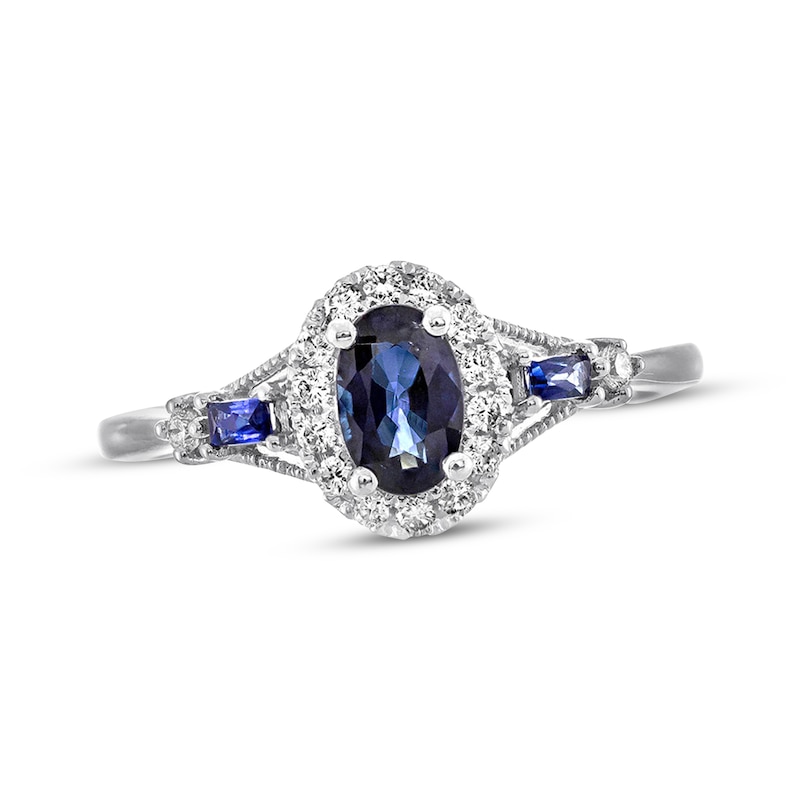 Main Image 1 of Previously Owned Natural Oval-Cut Sapphire Ring 1/8 ct tw Diamonds 10K White Gold