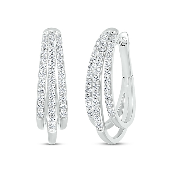 Previously Owned Diamond Three-Row Pave Hoop Earrings 1 ct tw Round-cut 10K White Gold