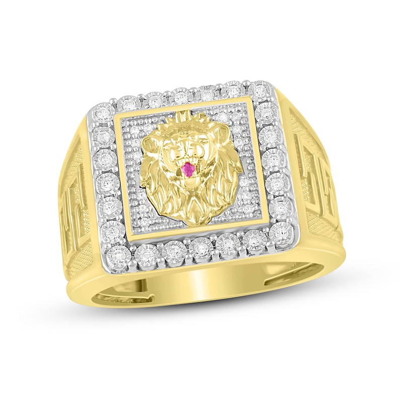 Main Image 1 of Previously Owned Men's Diamond & Lab-Created Ruby Lion Ring 1/4 ct tw 10K Yellow Gold
