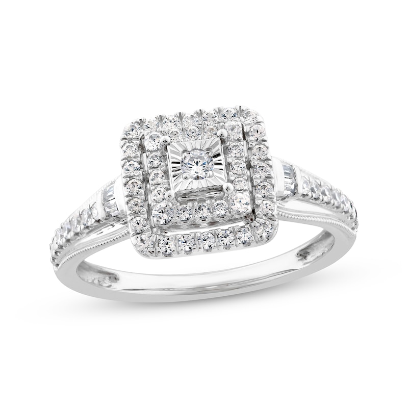 Main Image 1 of Previously Owned Diamond Engagement Ring 3/8 ct tw Round & Baguette-cut 10K White Gold