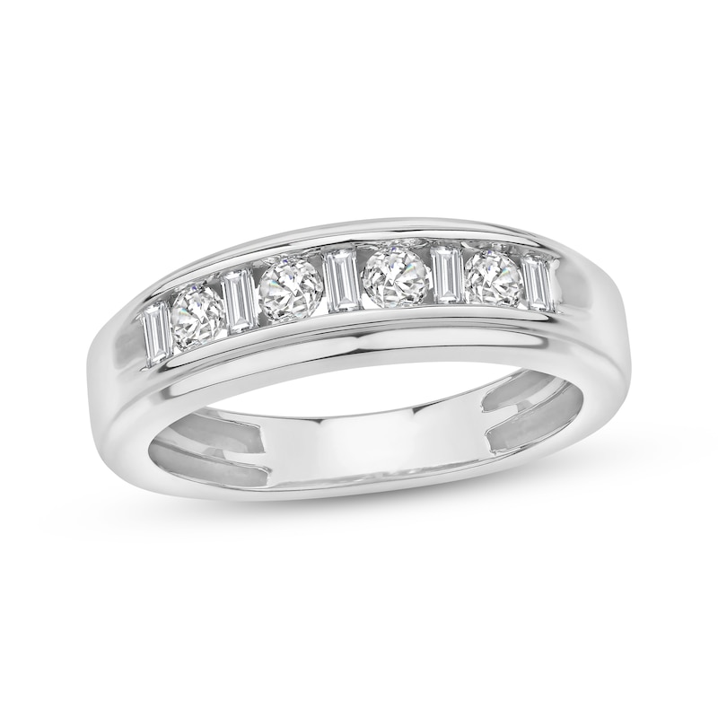 Main Image 1 of Previously Owned Men's Diamond Wedding Band 5/8 ct tw Round & Baguette-cut 10K White Gold