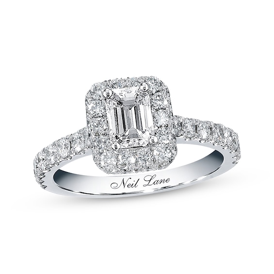 Previously Owned Neil Lane Diamond Engagement Ring 1-3/8 ct tw Emerald & Round-cut 14K White Gold Size 7