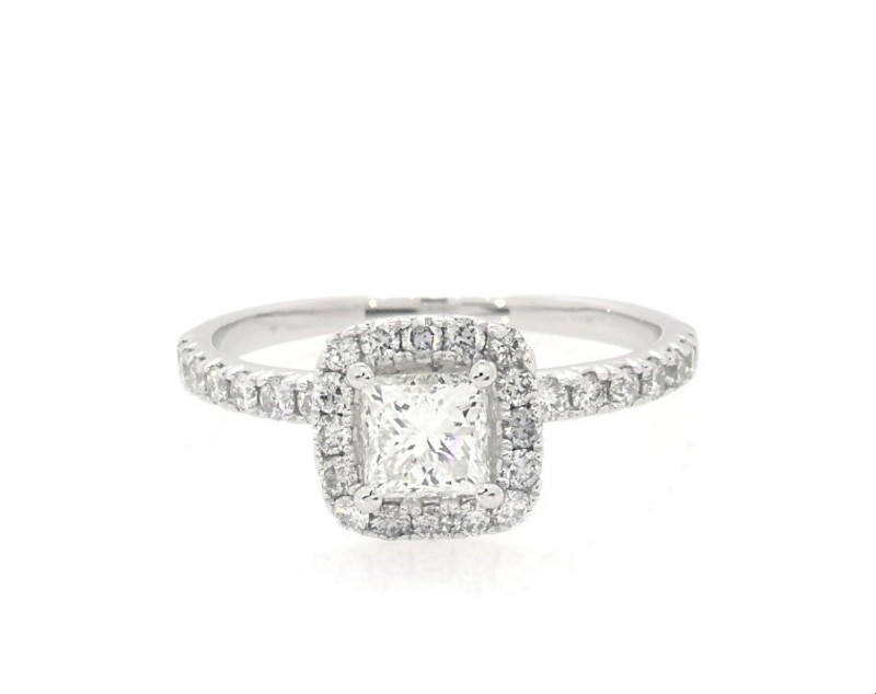 Main Image 1 of Previously Owned Princess-Cut Diamond Halo Engagement Ring 1-1/8 ct tw 14K White Gold