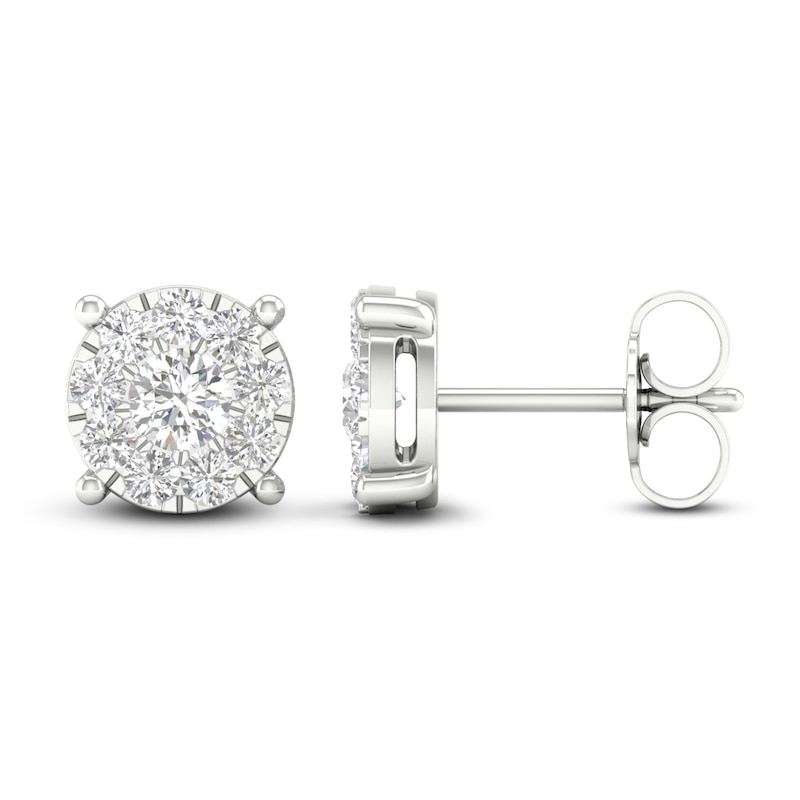 Main Image 3 of Previously Owned Diamond Halo Stud Earrings 1 ct tw Round-Cut 10K White Gold