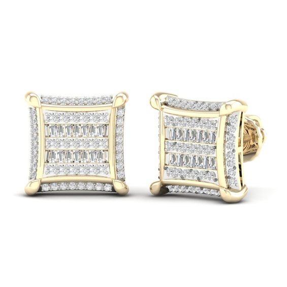 Previously Owned Men's Square Diamond Earrings 1/2 ct tw Baguette & Round-cut 10K Yellow Gold