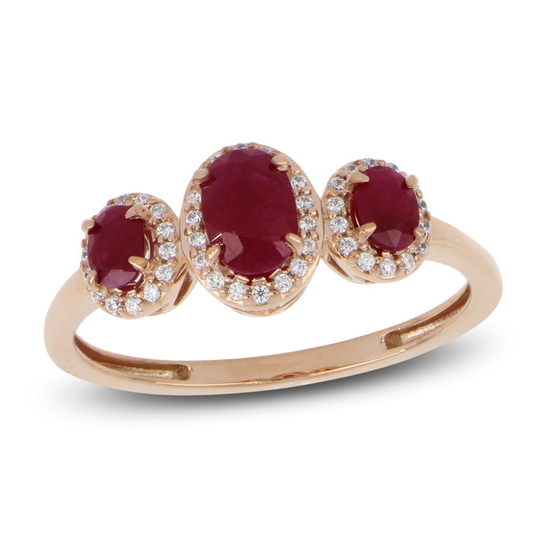 Main Image 1 of Previously Owned Three-Stone Ruby & Diamond Ring 1/8 ct tw Oval, Round-Cut 10K Rose Gold