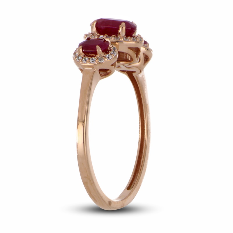 Main Image 2 of Previously Owned Three-Stone Ruby & Diamond Ring 1/8 ct tw Oval, Round-Cut 10K Rose Gold